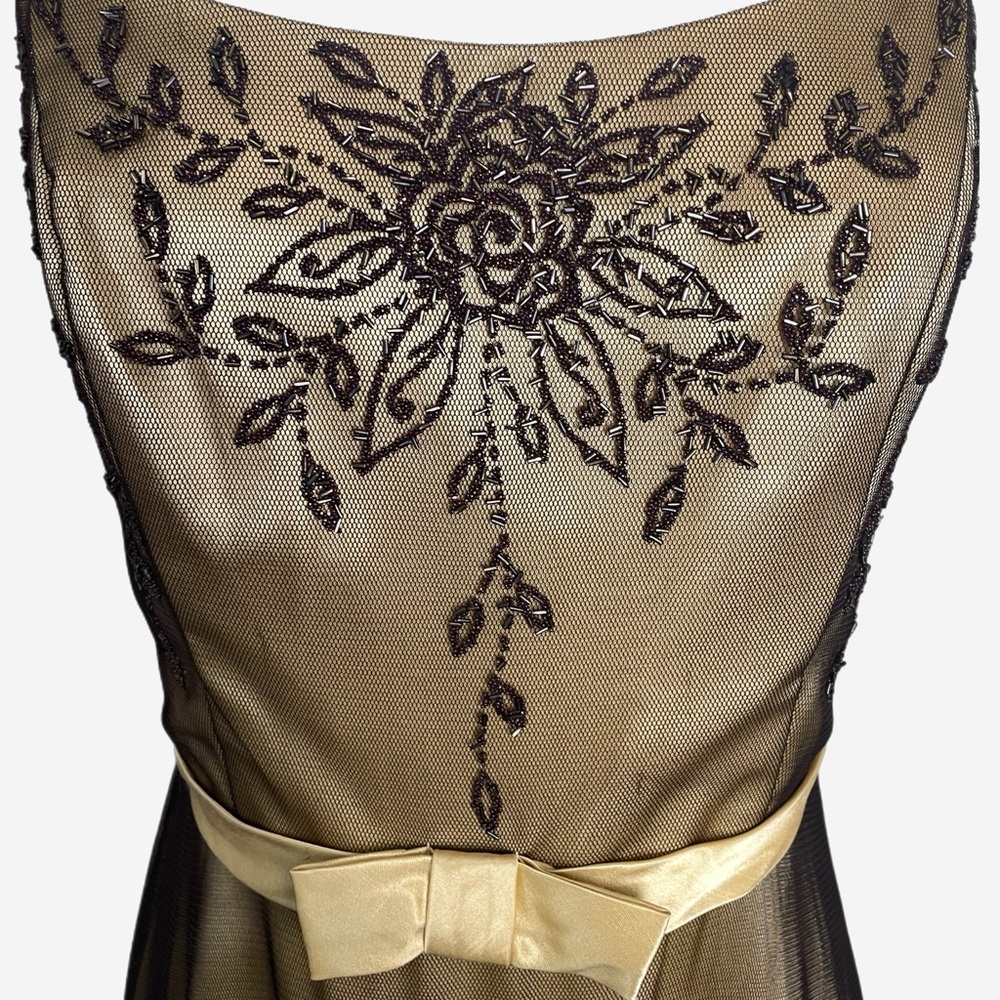 Vintage Y2K Dollar Gold satin dress mesh overlay beaded floral bow cocktail M - Picture 3 of 11